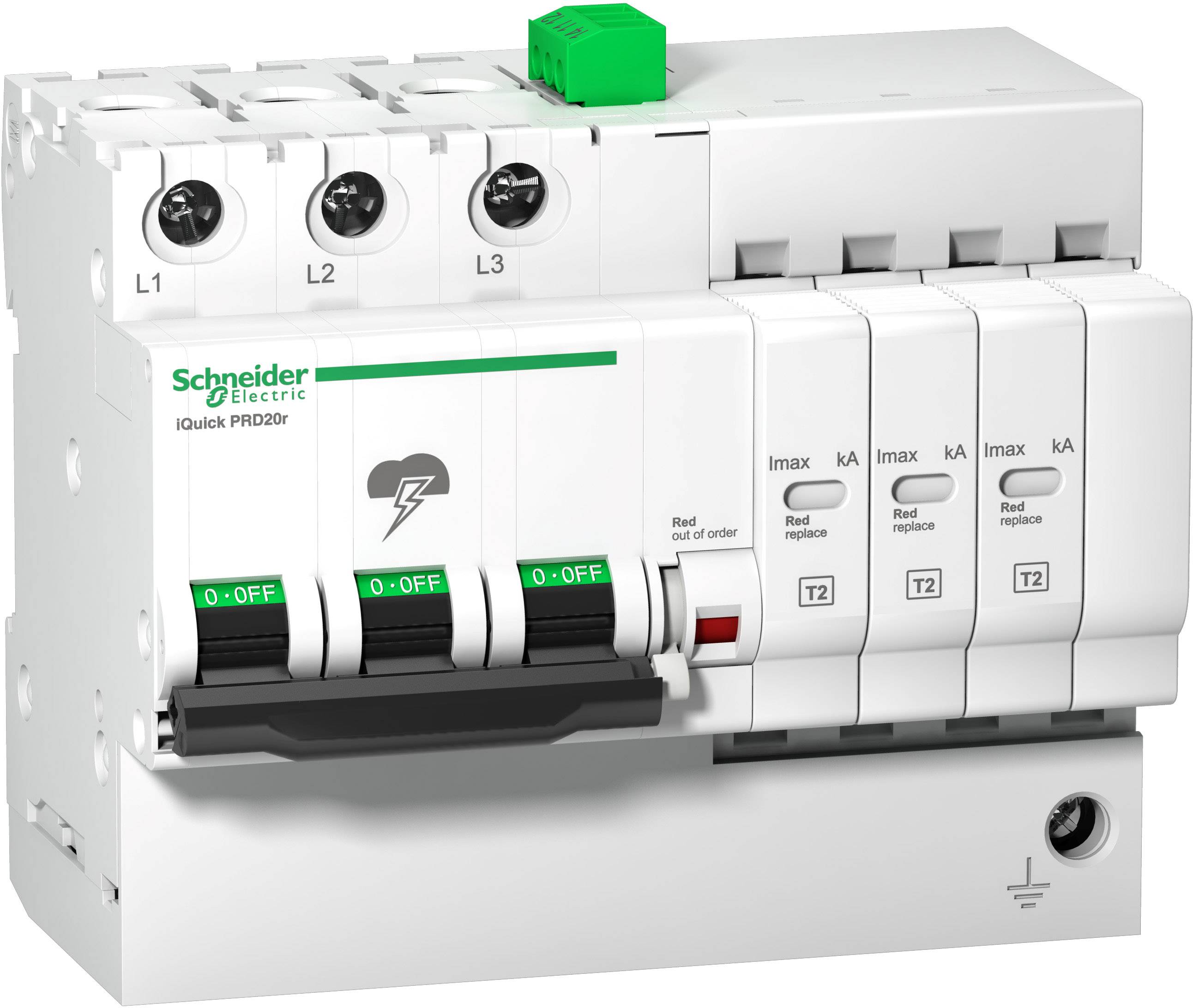 Spínací zařízení od Schneider Electric se zelenými spínacími tlačítky, které indikuje elektrické okruhy L1, L2 a L3.