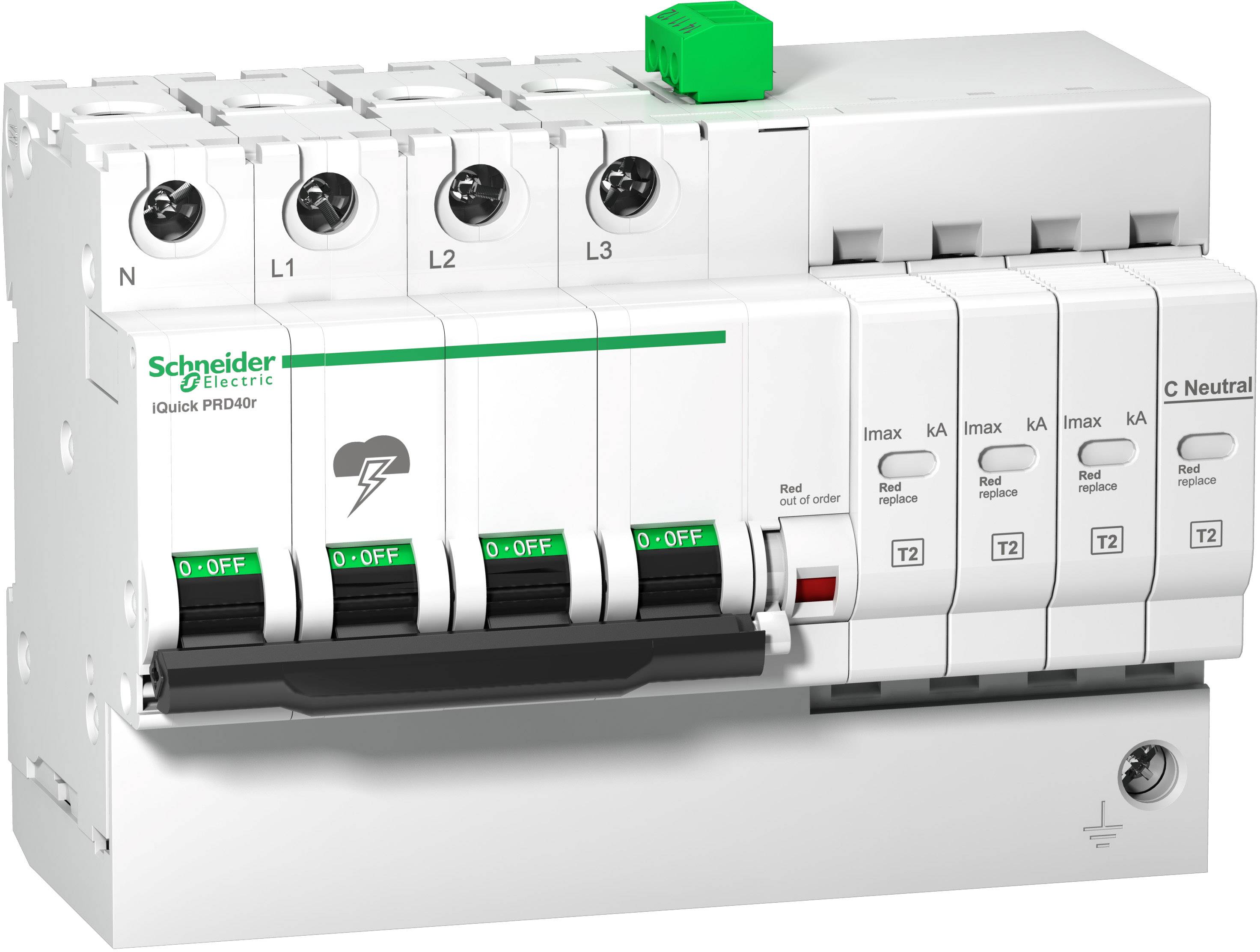 Ochranný spínač od Schneider Electric, model 'iQuick PRD40r', se čtyřmi spínači a zeleným tlačítkem nahoře pro ovládání.