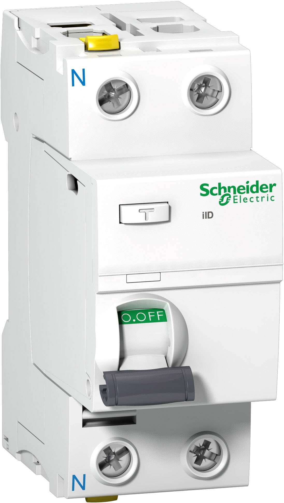 Jistič FI od Schneider Electric, který ukazuje vypínač v poloze 'VYPNUTO'. Vhodný pro elektrickou bezpečnost.