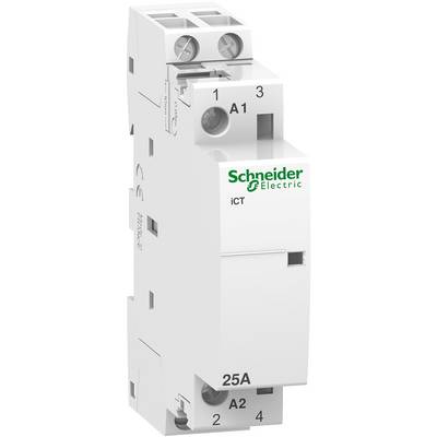 Stykač od Schneider Electric, model iCT, v bílé barvě se zeleným nápisem, zobrazuje přední stranu s připojeními a údaji o modelu.