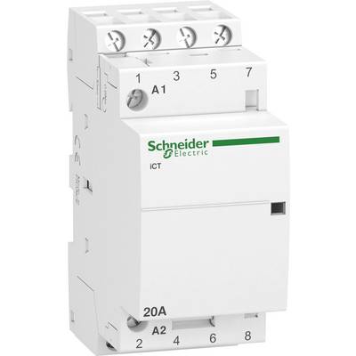 Bílý elektrický stykač značky Schneider Electric, model iCT, s označeními 'A1', 'A2' a '20A'.