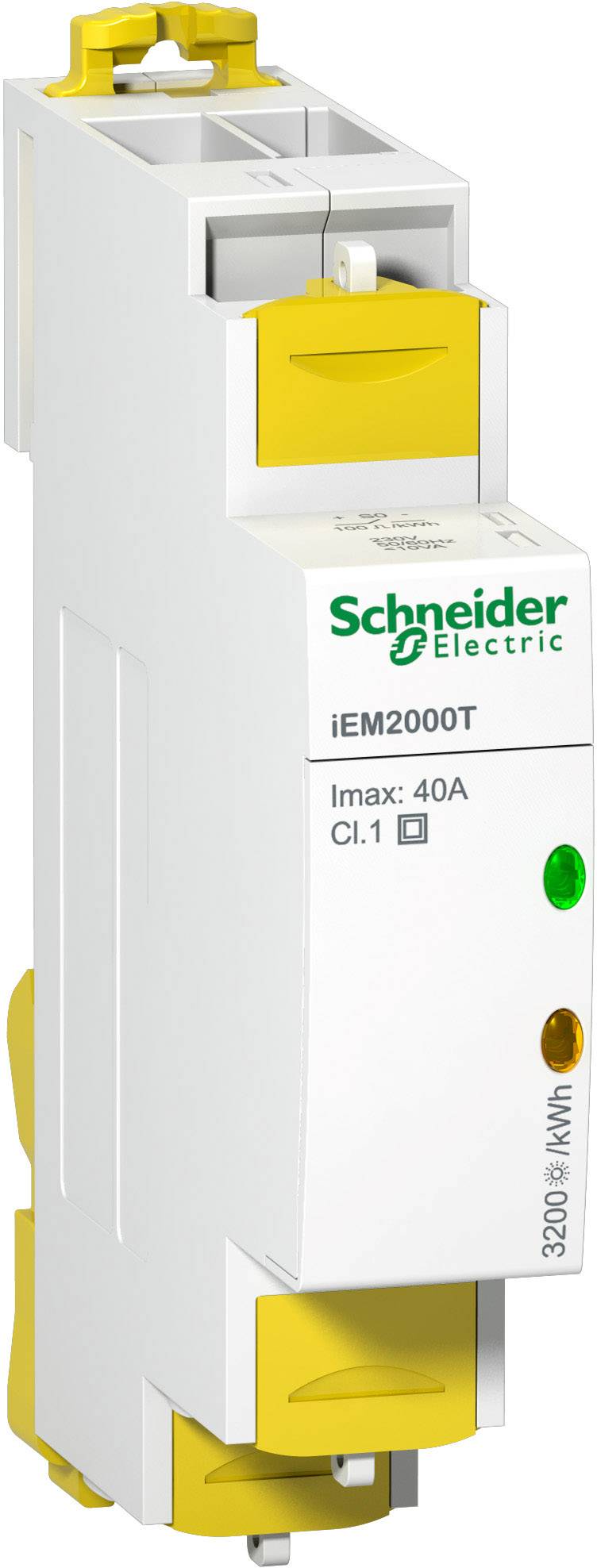 Elektroměr Schneider Electric iEM2000T, maximální proudová intenzita 40A, přesnostní třída 1. Bílé pouzdro se žlutými prvky a zelenou LED indikací.