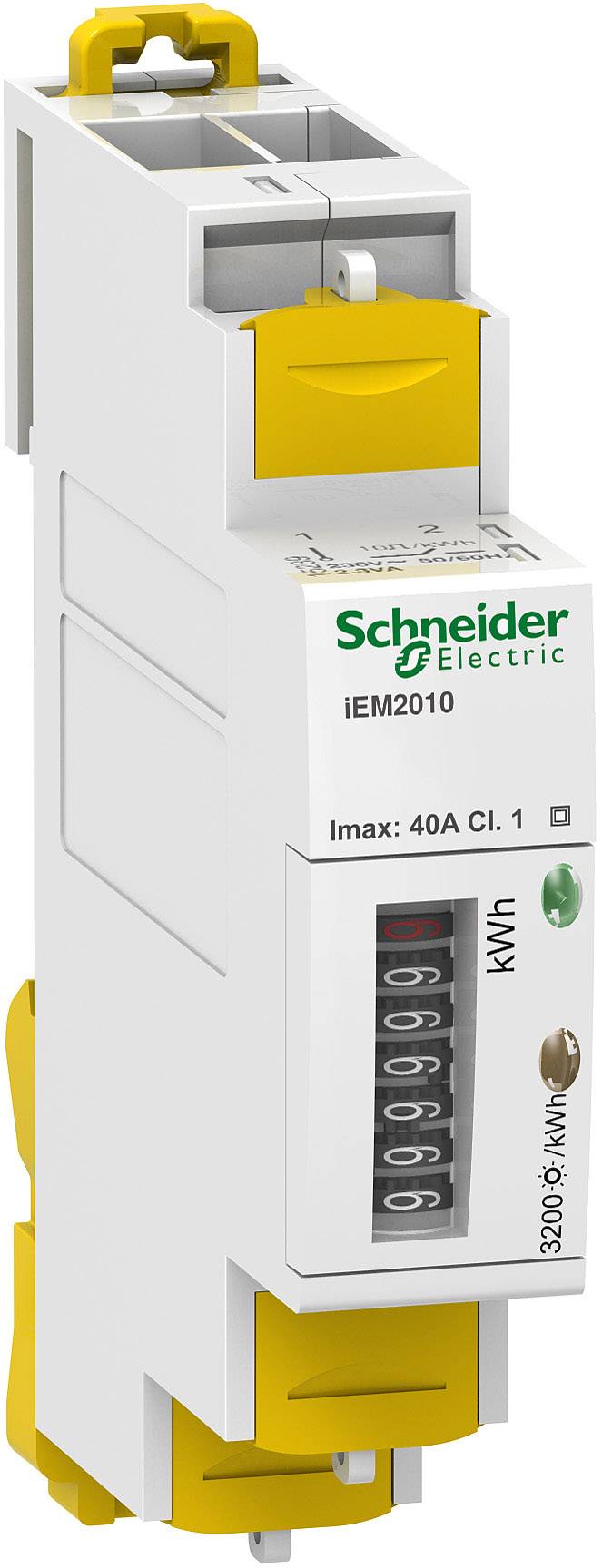 Bílý a žlutý elektroměr od společnosti Schneider Electric, model iEM2010, zobrazuje měřenou hodnotu, maximální proud 40A, třída 1.