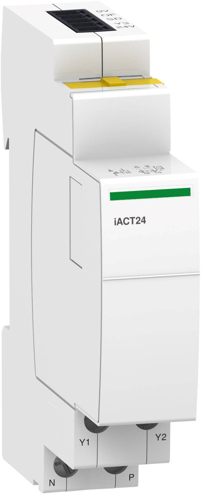 Bílá elektrická komponenta, štíhlý design, se třemi připojovacími svorkami dole. Označení: 'iACT24'.