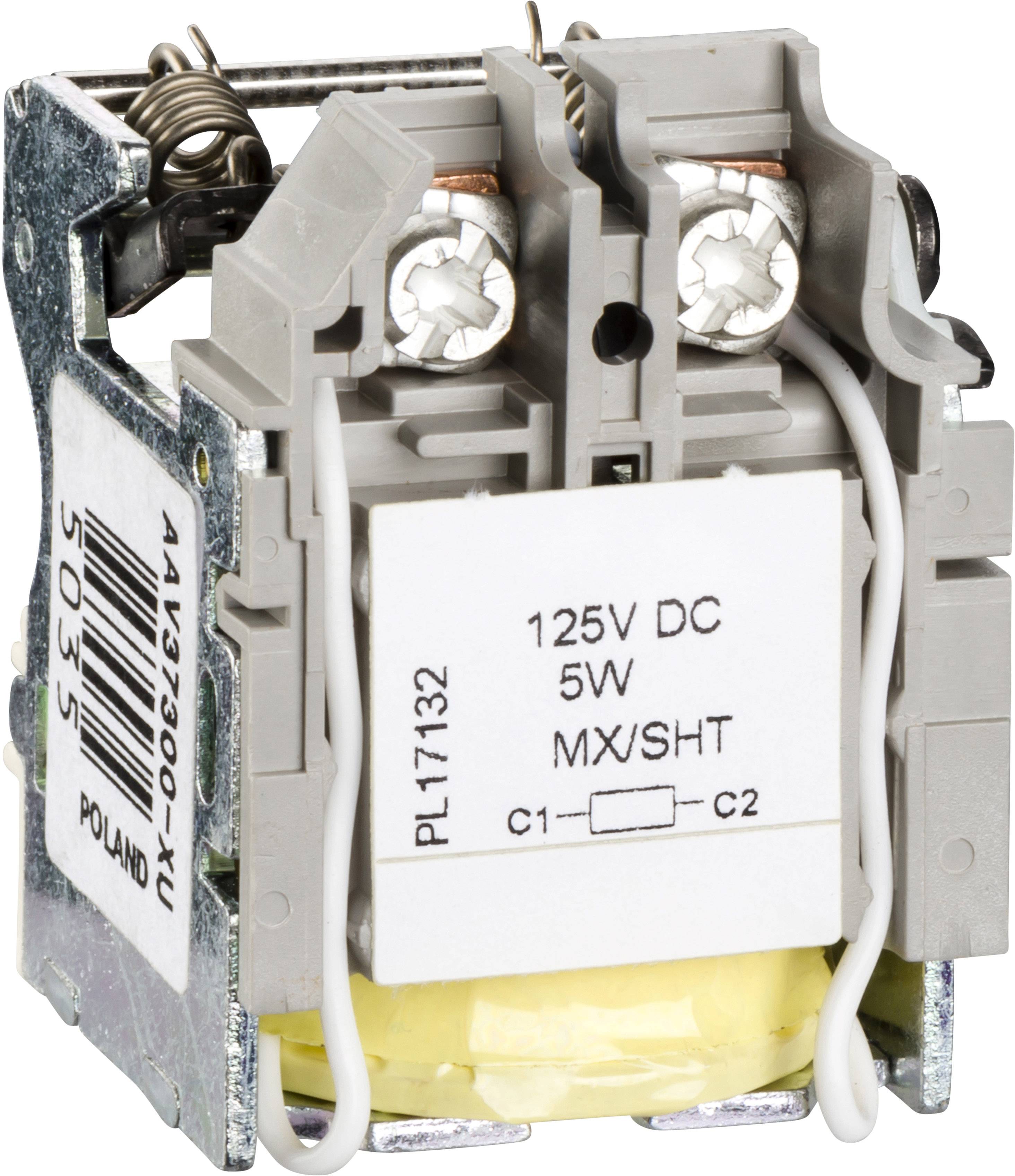 Šedá elektrická cívka s nápisem '125V DC 5W MX/SHT'. Dva bílé kabely jsou připojeny v dolní části.