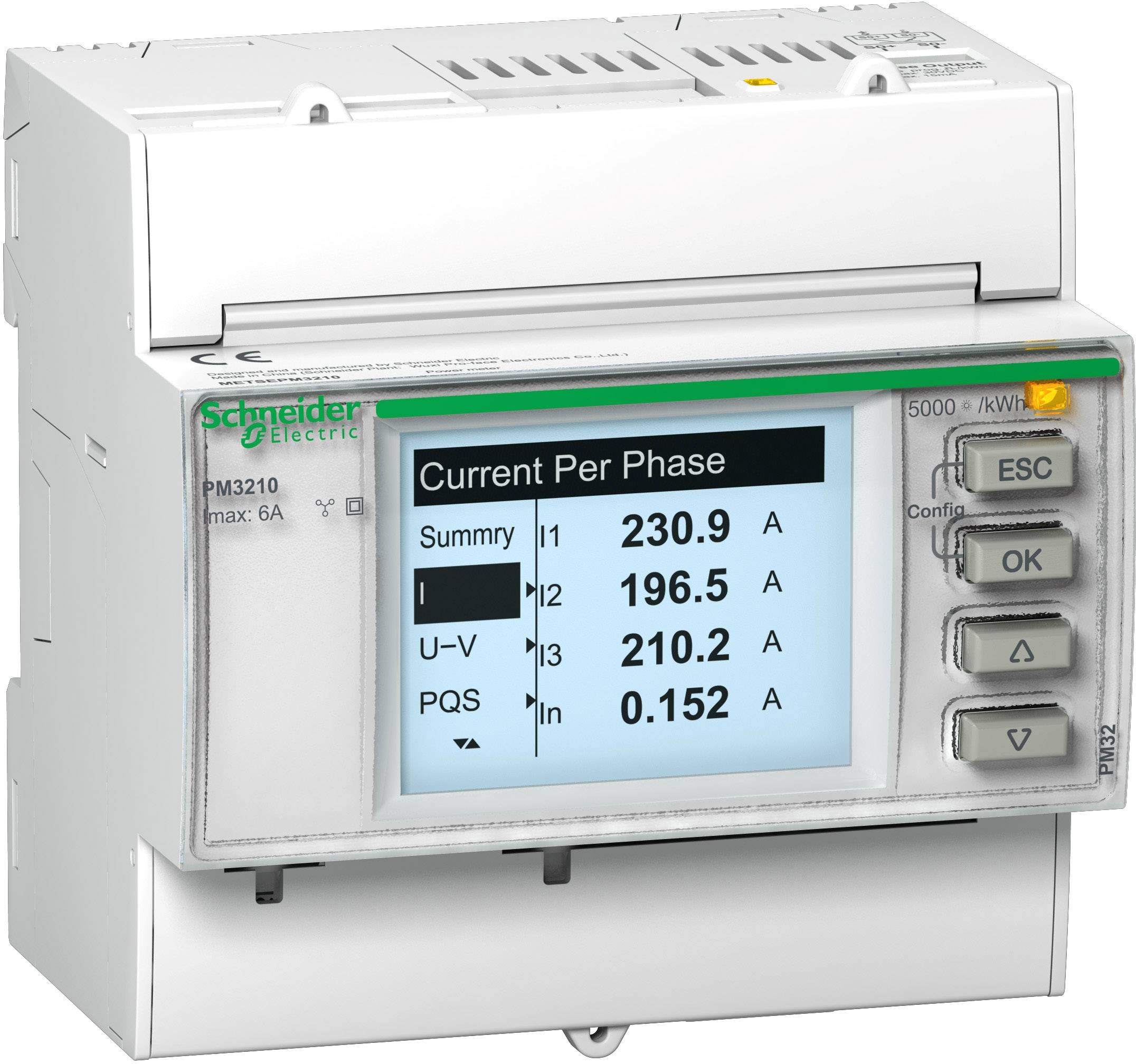 Elektrický měřič energie zobrazuje měření: Suma 230,9 A, U-V 196,5 A, V-W 210,2 A, PQS 0,152 A. Digitální displej pro proud fází.