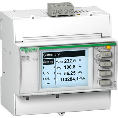 Schneider Electric měřicí přístroj s digitálním displejem zobrazuje hodnoty napětí, proudu a výkonu: 232,5 V, 100,8 A, 56,25 kW.