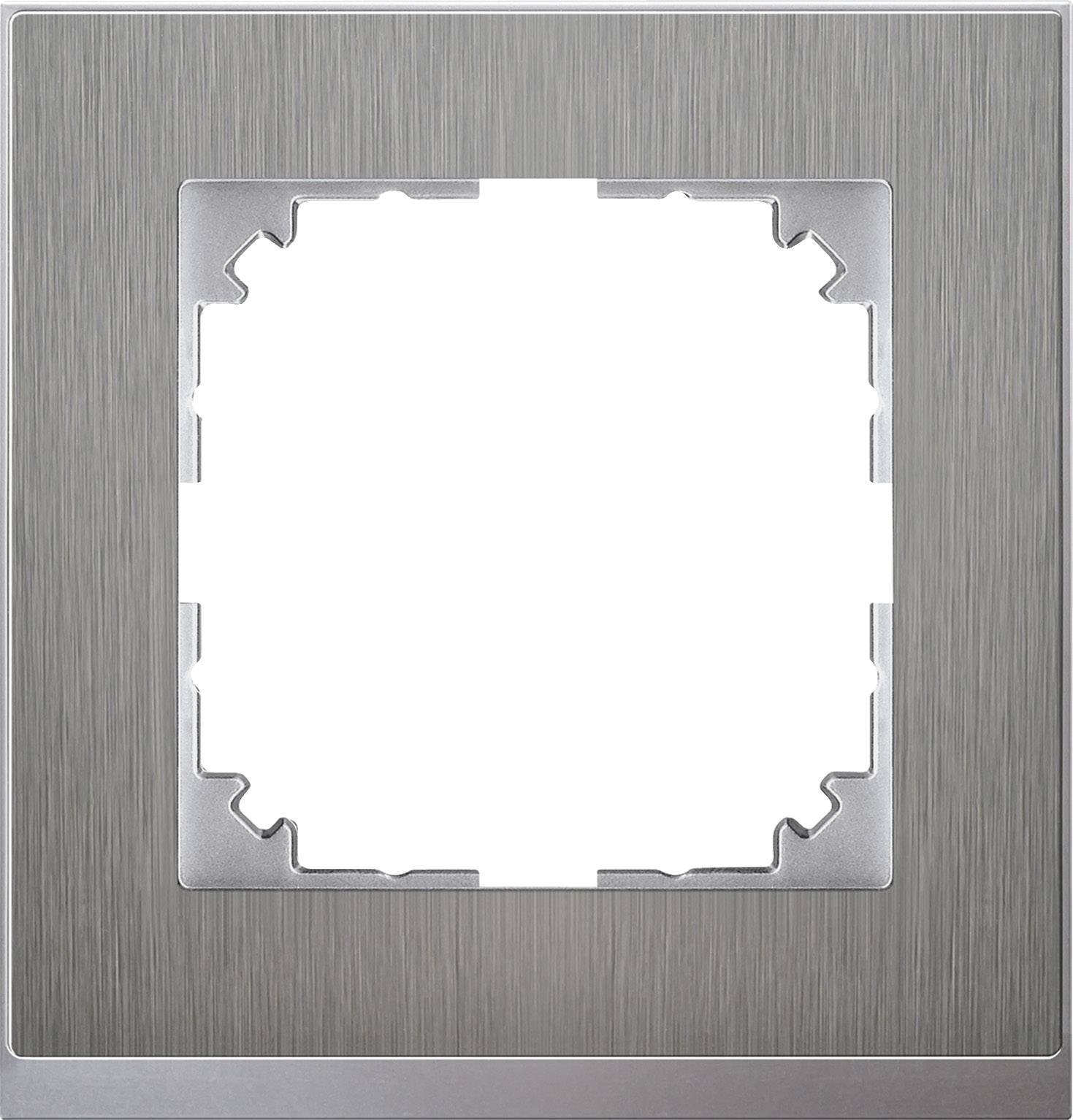 Čtvercový rámeček zásuvky z kartáčovaného kovu s centrálním výřezem pro modul, moderní a minimalistický design.