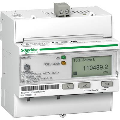 Elektroměr 'Schneider Electric' s displejem zobrazujícím 110489,2 kWh. Pod displejem tlačítka pro ovládání menu. Číslo modelu: iEM3275.