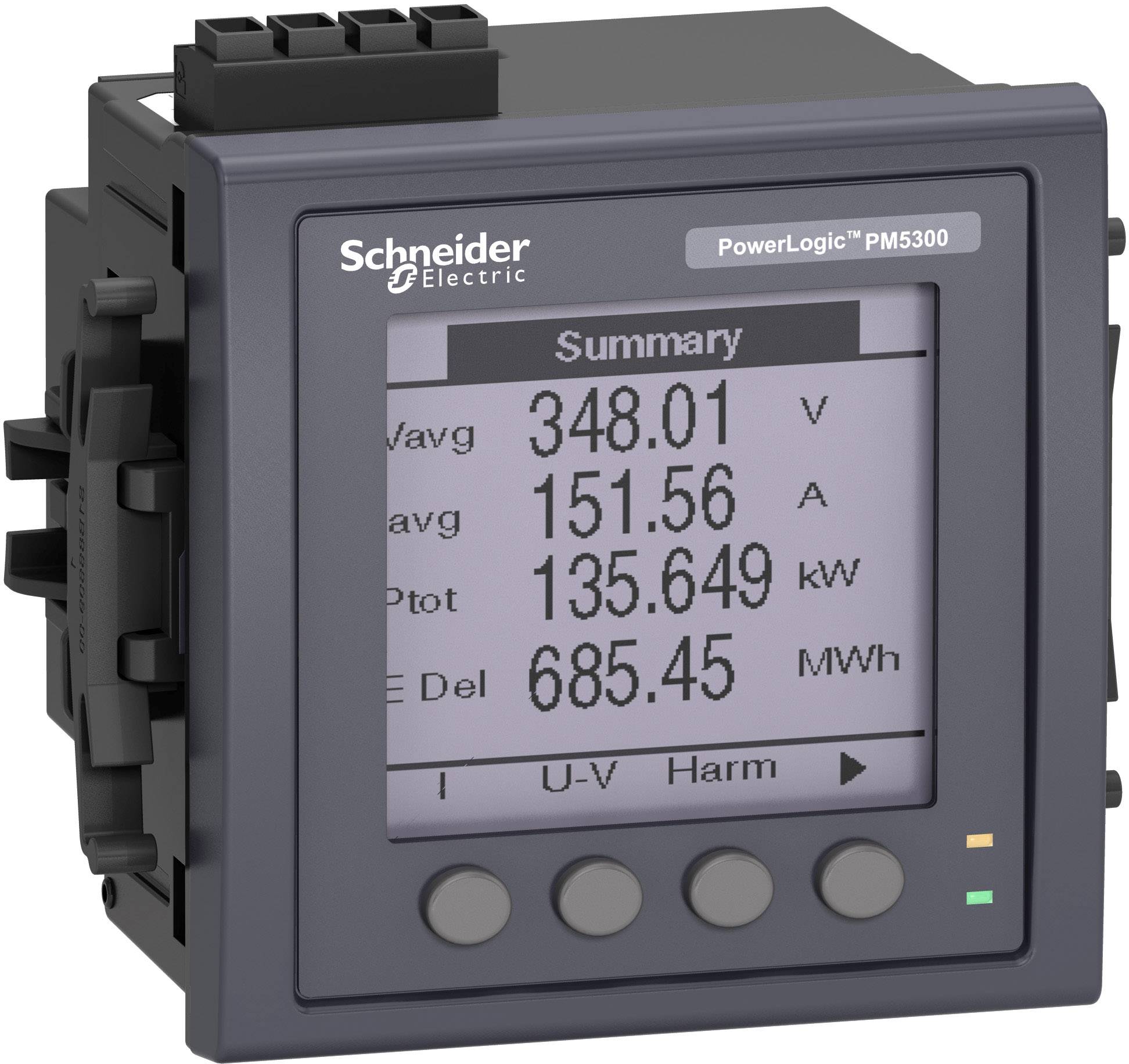 Měřicí přístroj 'Schneider Electric PowerLogic PM5300' zobrazuje elektrické hodnoty: průměr 348,01 V, 151,56 A, 135,649 kW; energie 685,45 MWh.