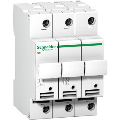 Bílý třípólový jistič značky Schneider Electric, model STI. Je určen pro elektrické instalace.