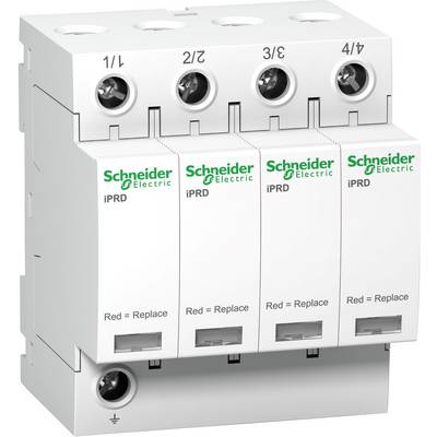 Modul přepěťové ochrany 'Schneider Electric', čtyři kanály, bílá barva pouzdra, s označením 'Red = Replace'. Vhodné pro elektrické ochranné systémy.