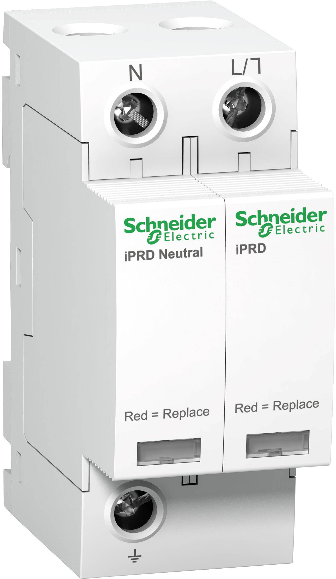 Zařízení pro ochranu před přepětím se dvěma přípojkami. Značení ukazuje 'N' a 'L/T'. Nápis: 'Schneider Electric', upozornění: 'Červená = Vyměnit'.