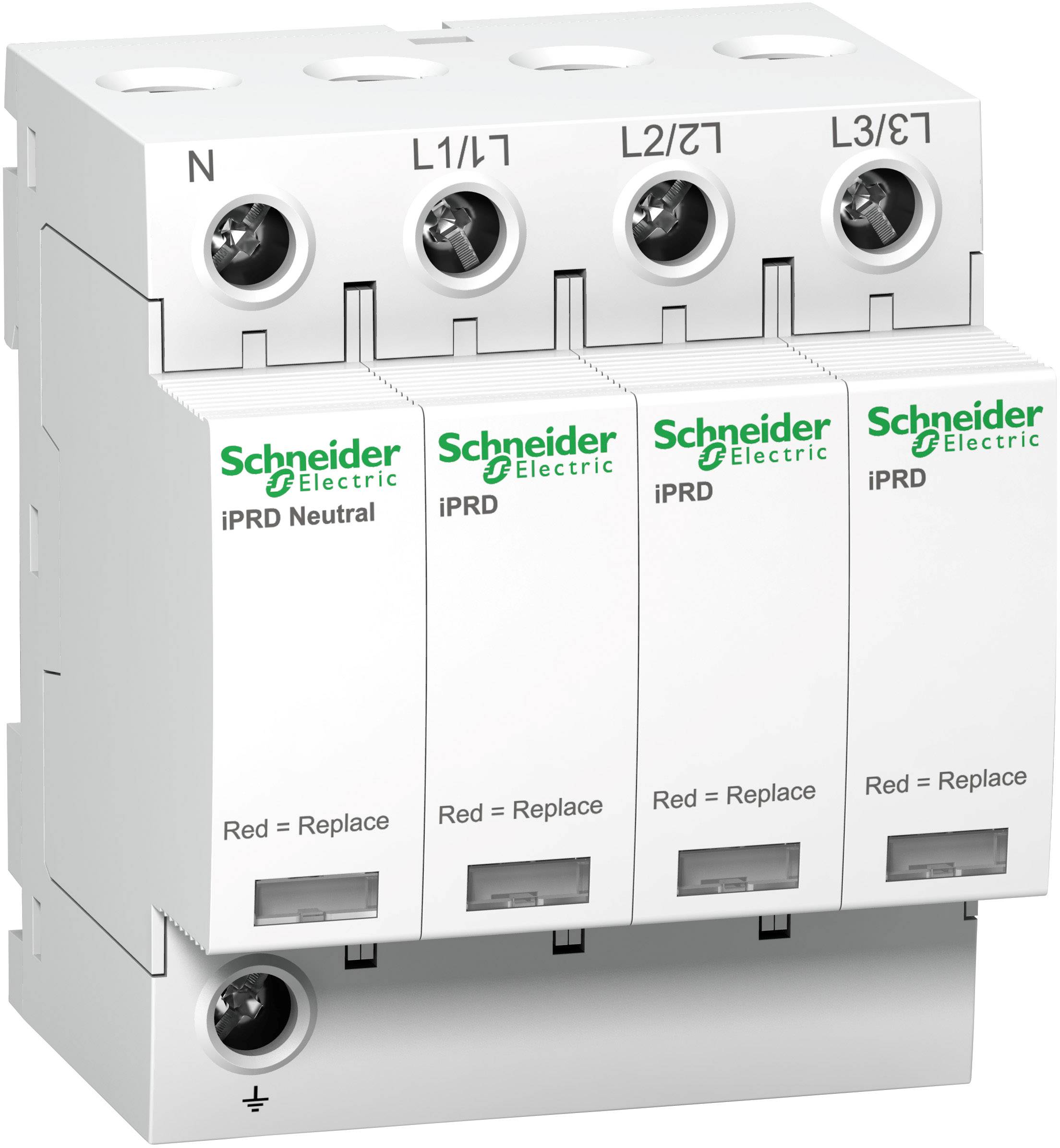 Přepěťová ochrana od Schneider Electric se čtyřmi kanály pro fáze L1, L2, L3 a nulový vodič. Na každém modulu je nápis 'Red = Replace'.
