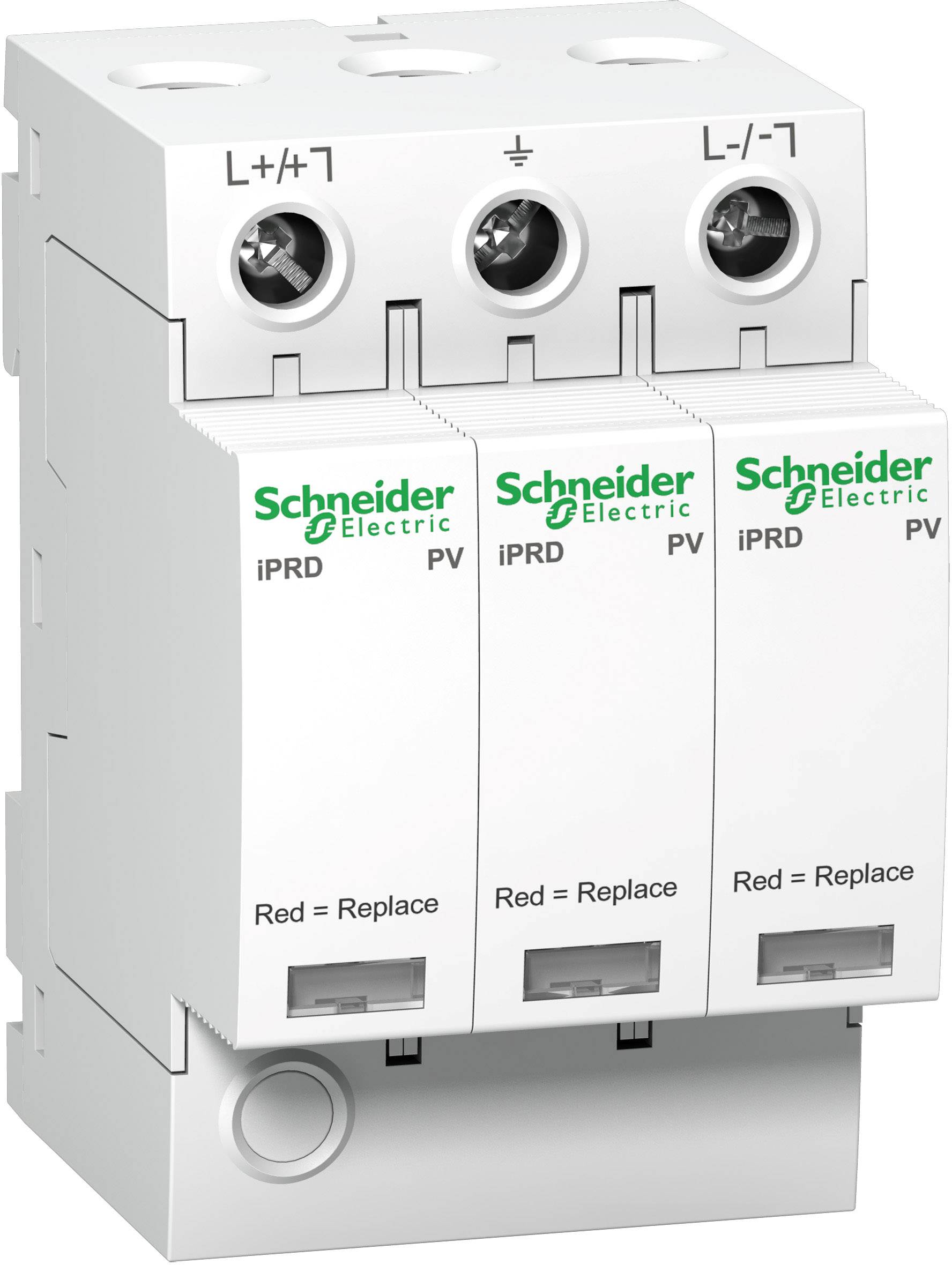 Třífázová ochrana proti přepětí od Schneider Electric s nápisem 'Red = Replace' na každém modulu.