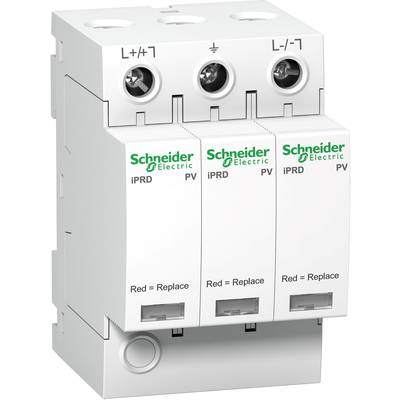Třífázová ochrana proti přepětí od Schneider Electric s nápisem 'Red = Replace' na každém modulu.