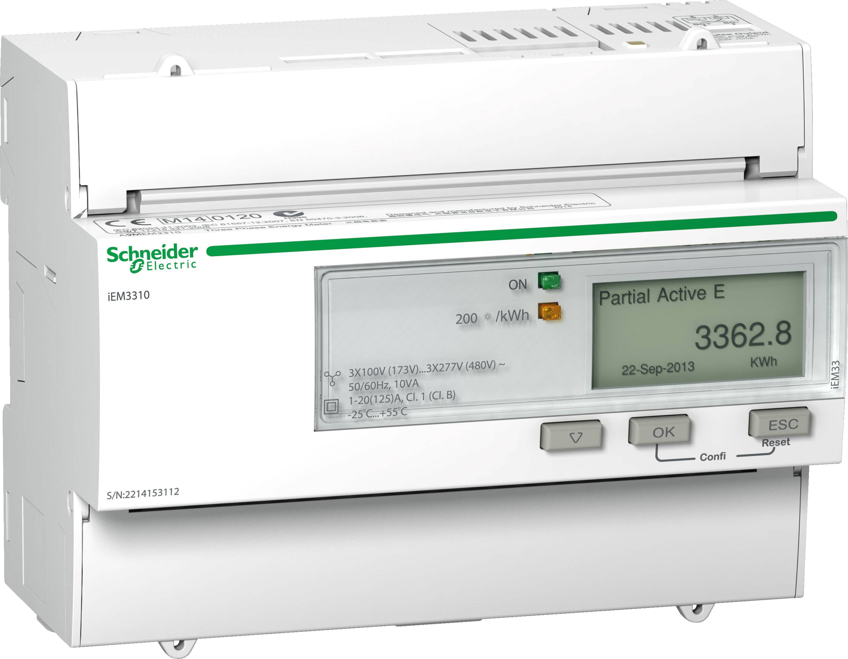 Digitální elektroměr značky Schneider Electric zobrazuje spotřebu 3362,8 kWh. Displej je vybaven tlačítky a stavovými kontrolkami.