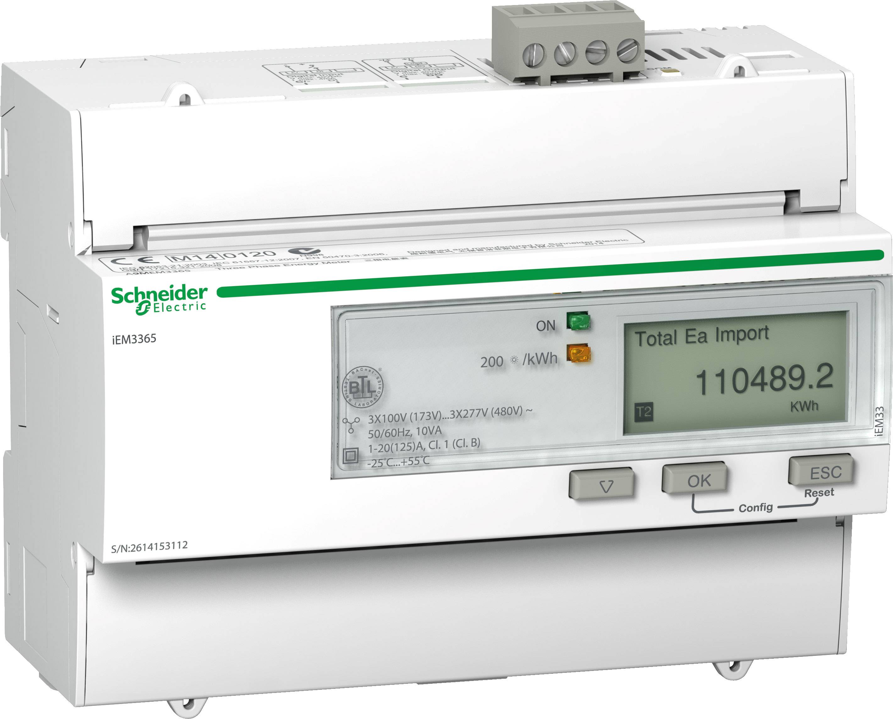 Elektroměr od společnosti Schneider Electric s digitálním displejem zobrazuje 'Celkem import EA 110489,2 kWh'.