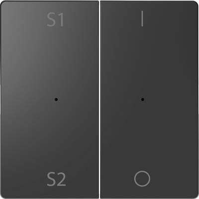 Dvojitý světelný spínač s popisy S1, S2 a symboly Zapnuto/Vypnuto. Vlevo spínač s S1, S2; vpravo spínač s výstražnými symboly Zapnuto/Vypnuto.