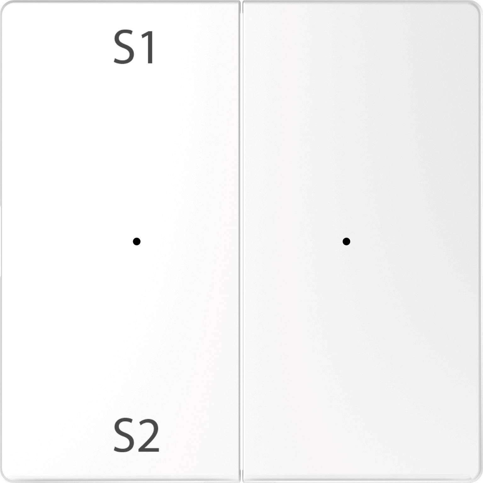 Bílý elektrický spínač se dvěma tlačítky, označenými 'S1' a 'S2'.