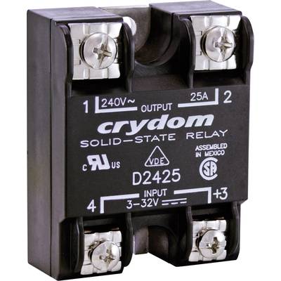Černé stykačové relé Crydom se šroubovými svorkami, vhodné pro 240 V a 25 A, zobrazuje připojení a technické specifikace.