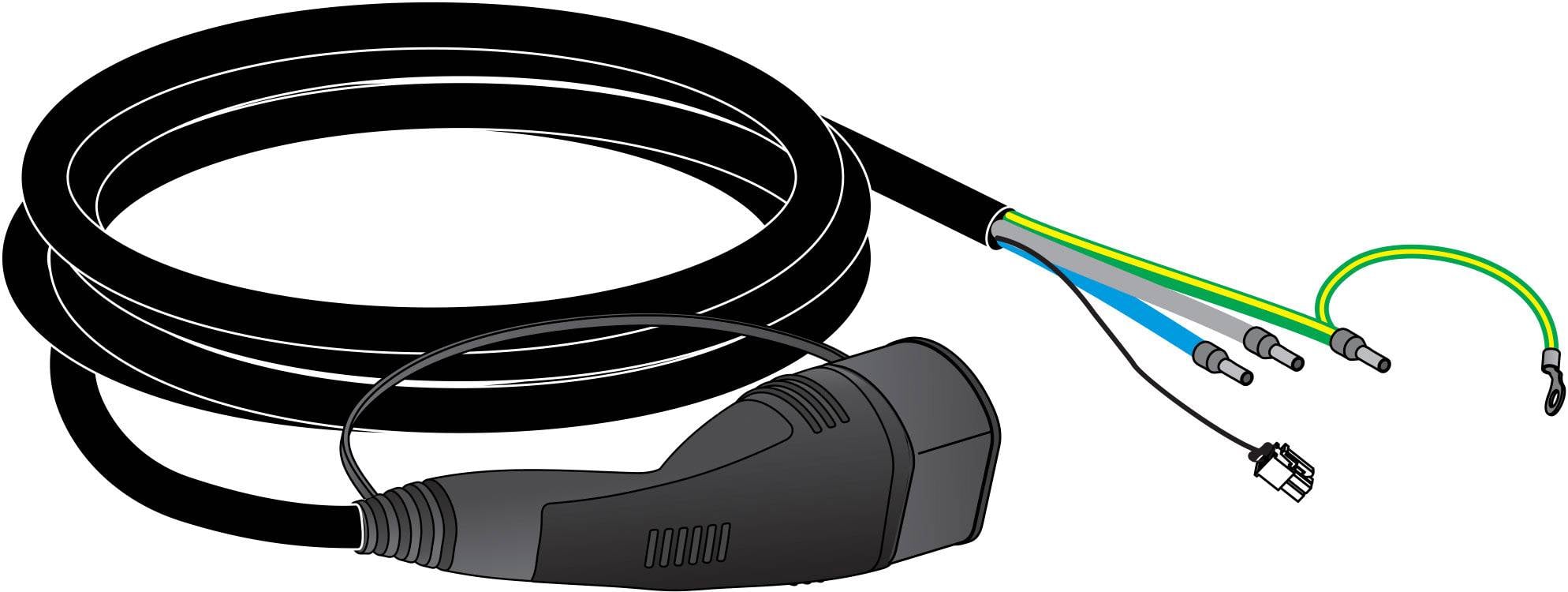 Černý kabel s velkým zástrčkou na jednom konci a třemi odizolovanými barevnými kabely s konektory na straně druhé.