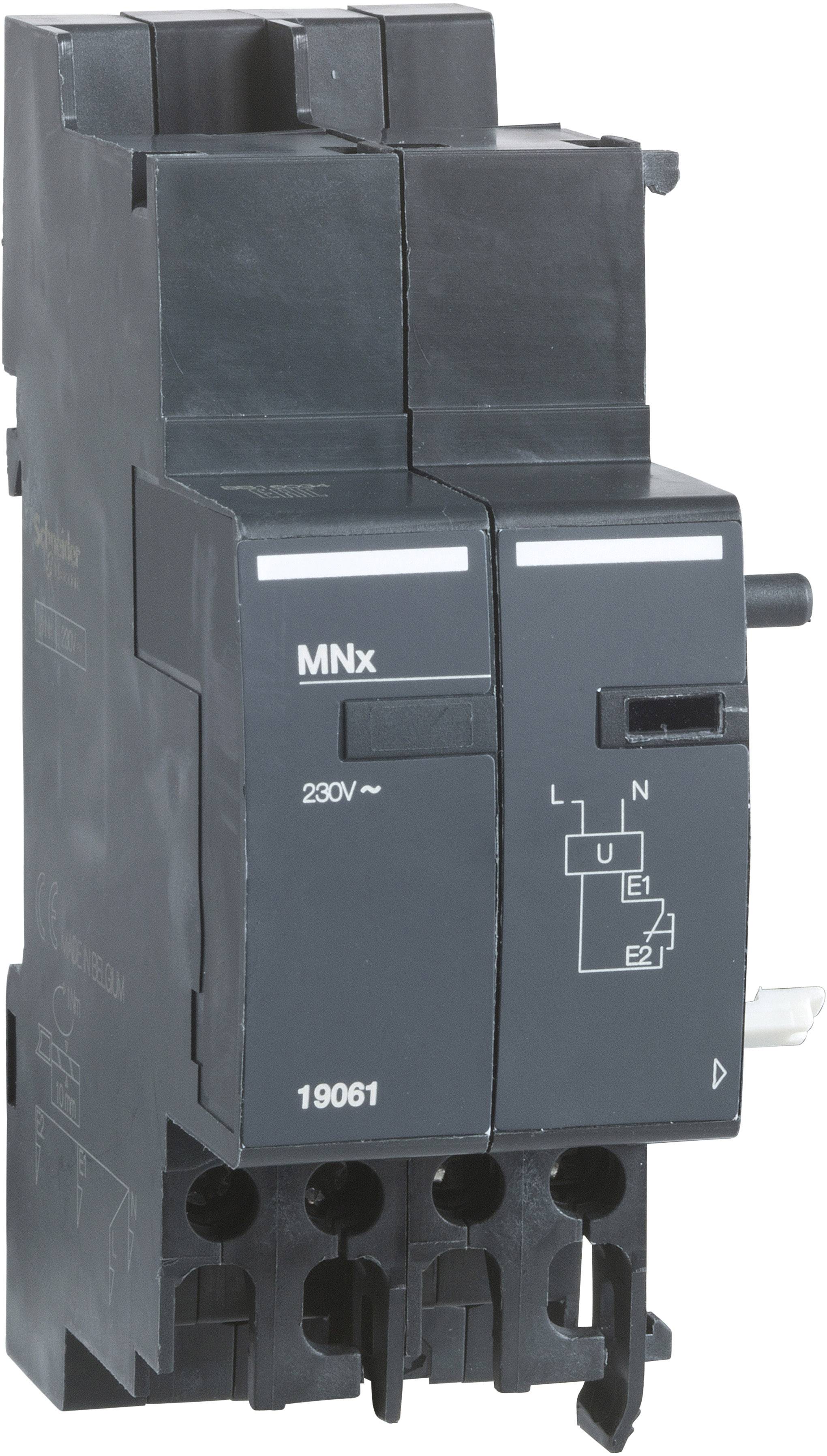 Černý elektrický jistič s označením 'MNx', údaji '230V~', spínacími symboly a svorkami.