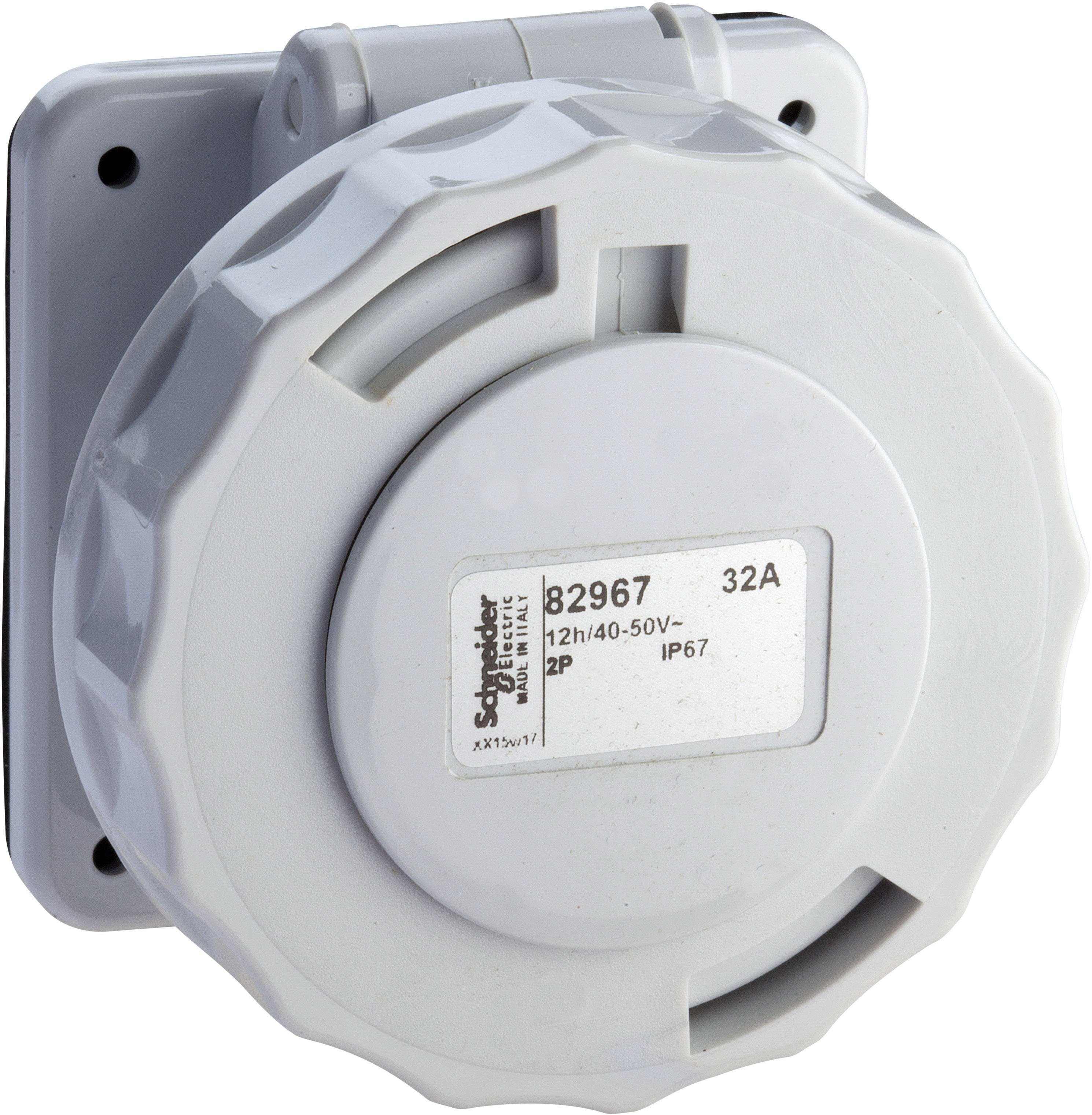 Bílá, kulatá elektrická zásuvka s krytem, vhodná pro 12h/40-50V, 32A a stupeň krytí IP67.