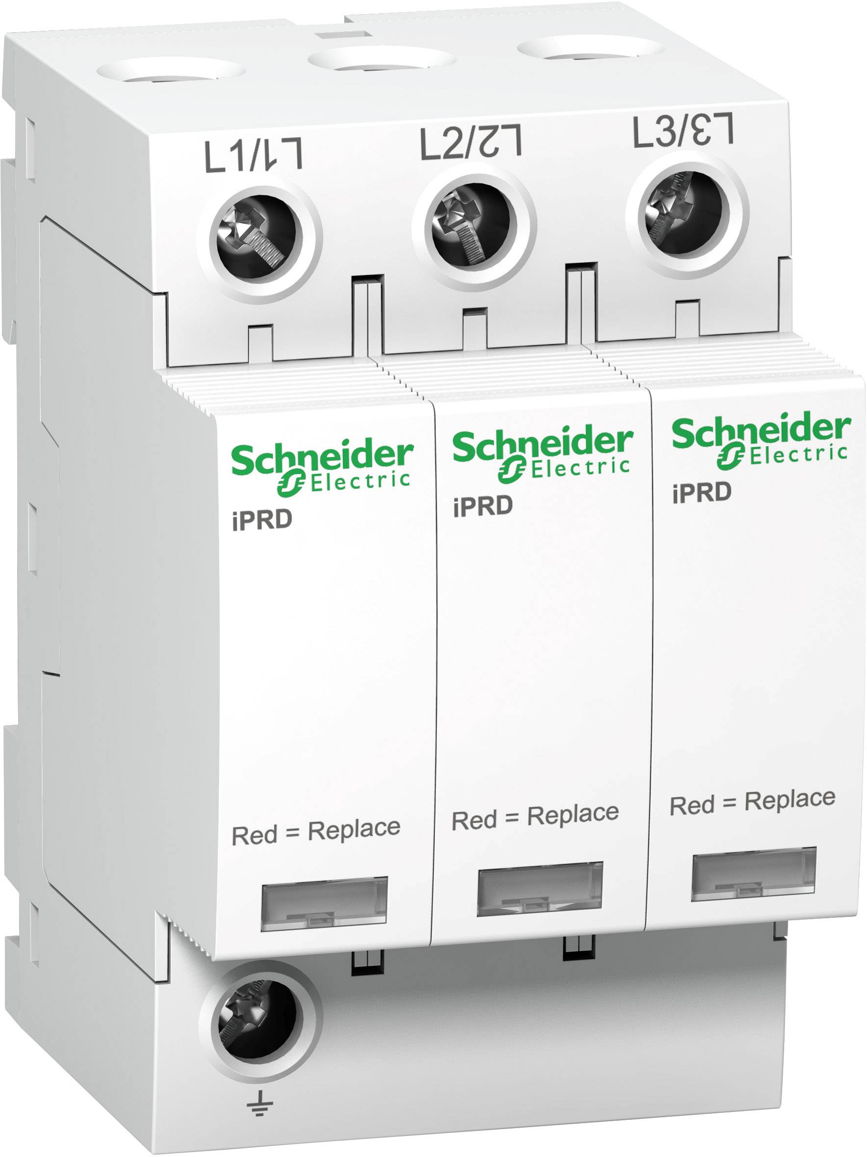 Zařízení pro ochranu před přepětím od společnosti Schneider Electric se třemi moduly, označené L1/L1, L2/T1 a L3/T3. Vhodné pro elektrické instalace.