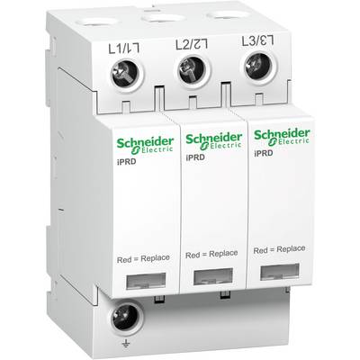 Zařízení pro ochranu před přepětím od společnosti Schneider Electric se třemi moduly, označené L1/L1, L2/T1 a L3/T3. Vhodné pro elektrické instalace.