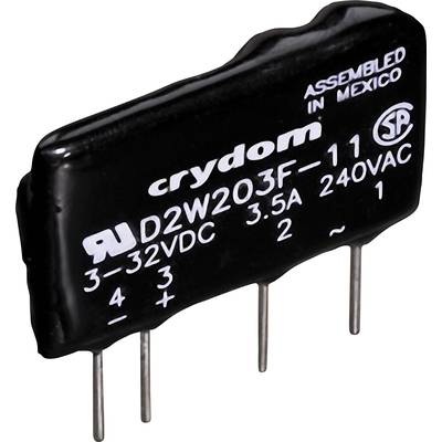Černé polovodičové relé s nápisem 'crydom D2W203F-11', specifikované pro 3-32 VDC, 3.5 A, 240 VAC, vyrobené v Mexiku.