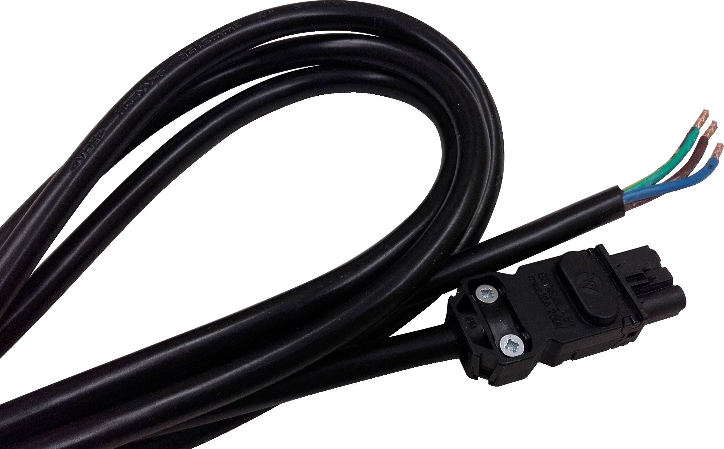 Černý elektrický kabel s vystavenými barevnými konci vodičů a obdélníkovitou zástrčkou.