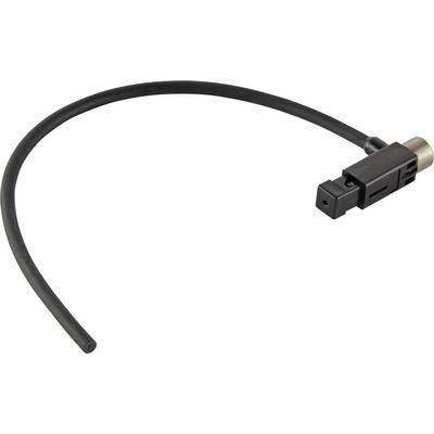 Černý kabel ABS snímače s obdélníkovým konektorem a kulatým kovovým uzávěrem. Používá se ke sledování otáček kola.