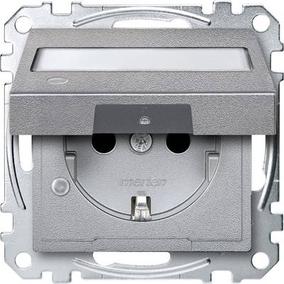 Stříbrná zásuvka s krytem v uzavřené poloze. Kryt je obdélníkový a chrání elektrické kontakty.