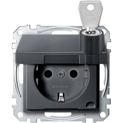 Černošedá zásuvka s bezpečnostním krytem a klíčovou dírkou pro klíč zobrazující nápis "Euro Locks".