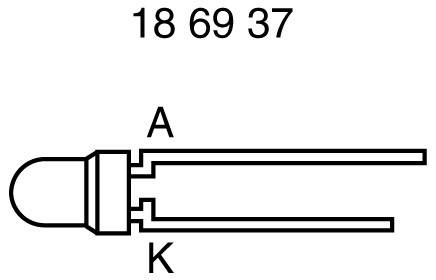 Diagram LED diody se dvěma kontakty, označenými 'A' pro anodu a 'K' pro katodu. Nahoře je zobrazena číselná sekvence '18 69 37'.