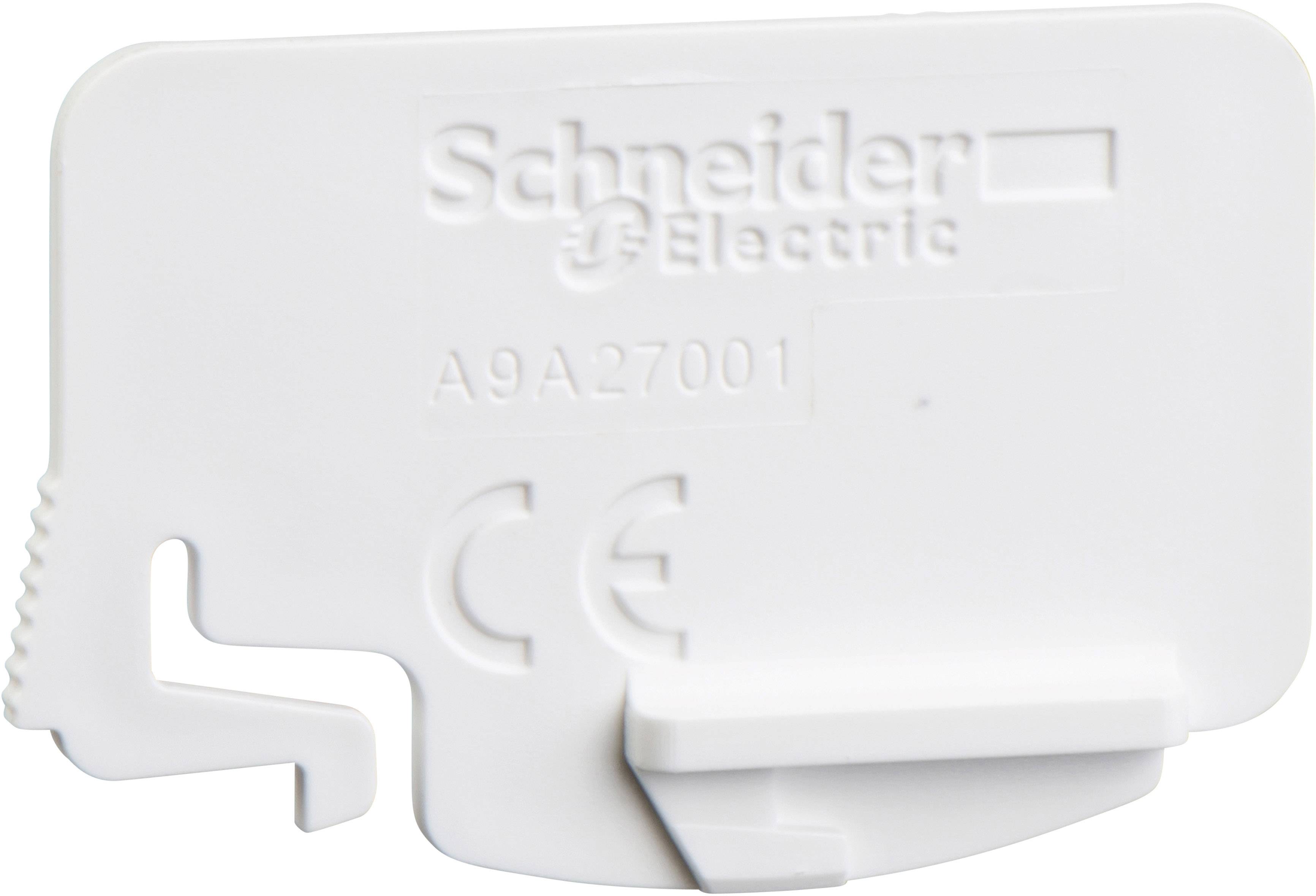 Bílý kryt od Schneider Electric s CE značkou a sériovým číslem A9A27001.
