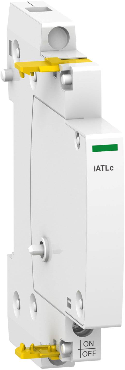 Bílý elektrický výkonový spínač s nápisem 'iATLc' a spodním přepínačem s možnostmi 'ZAP' a 'VYP'.