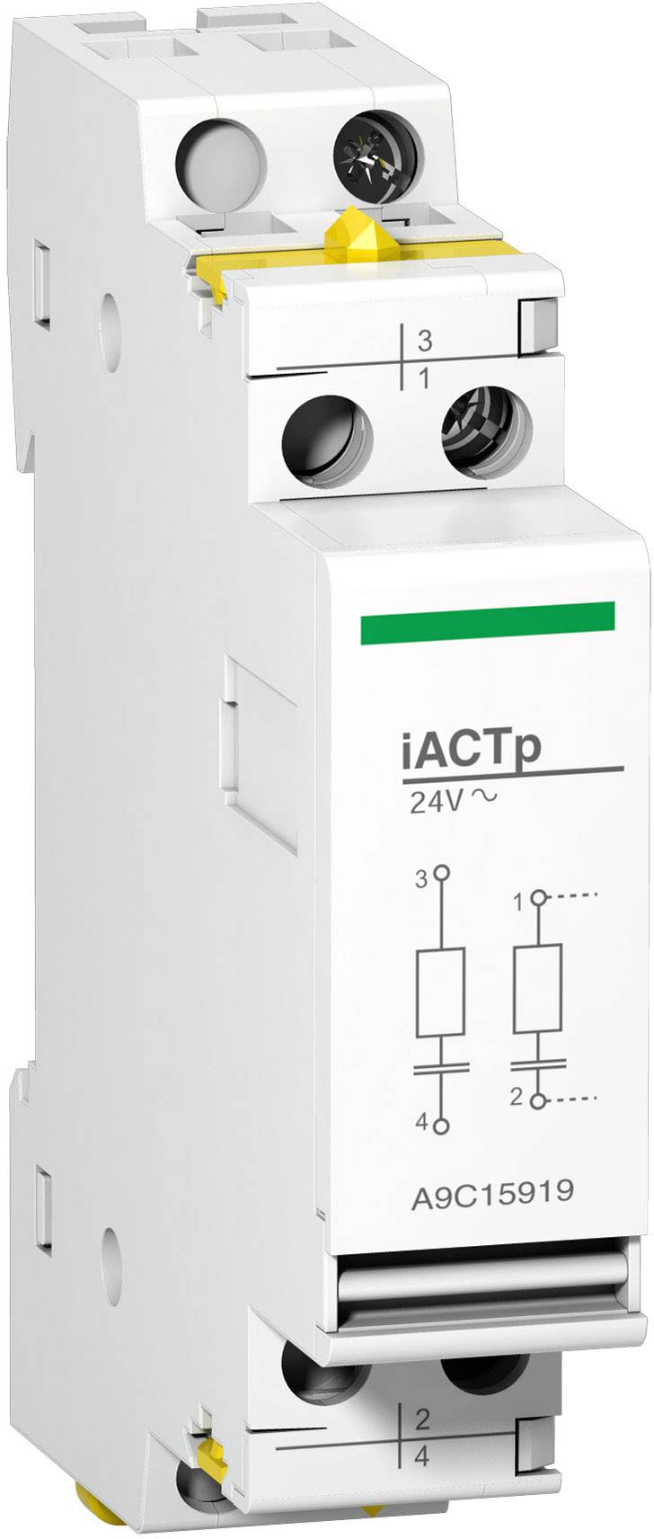 Bílý automatický spínač modelu iACTp s potiskem '24V' a schématem zapojení.