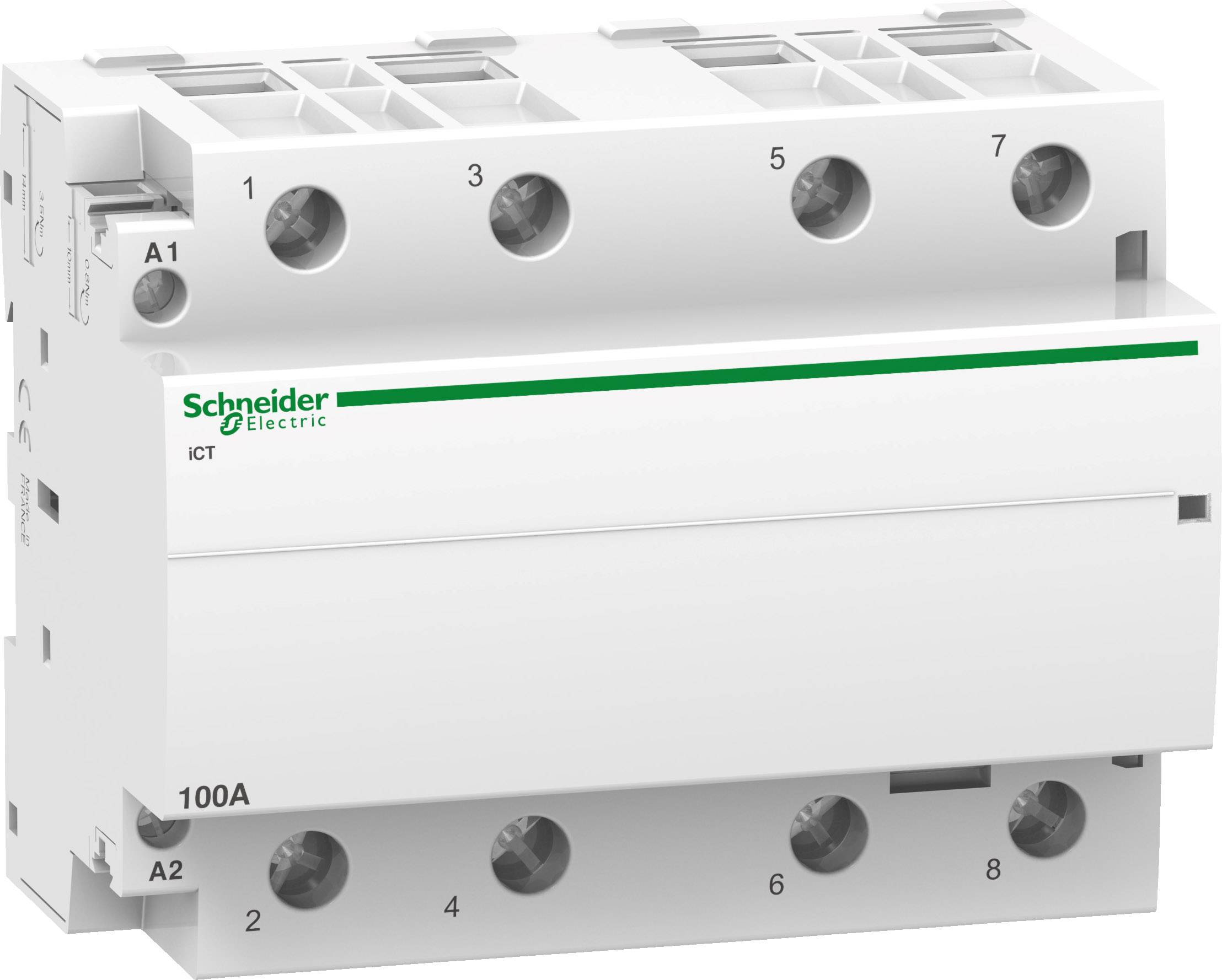 Elektrický výkonový spínač společnosti Schneider Electric, model ICT, s proudovou kapacitou 100A, určený pro řízení a ochranu elektrických systémů.
