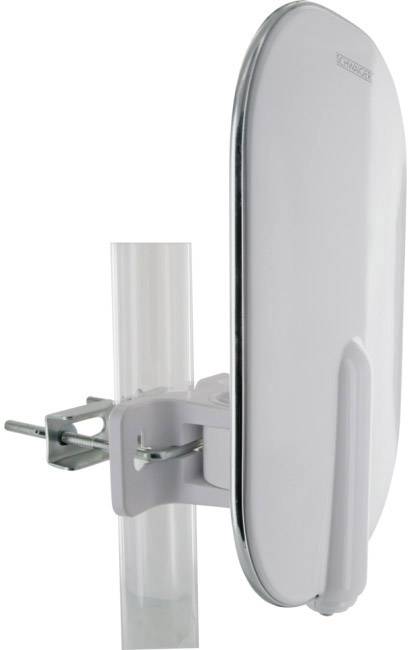 Bílá, oválná venkovní anténa namontovaná na svislém sloupu, která slouží ke zlepšení příjmu rádiových signálů.