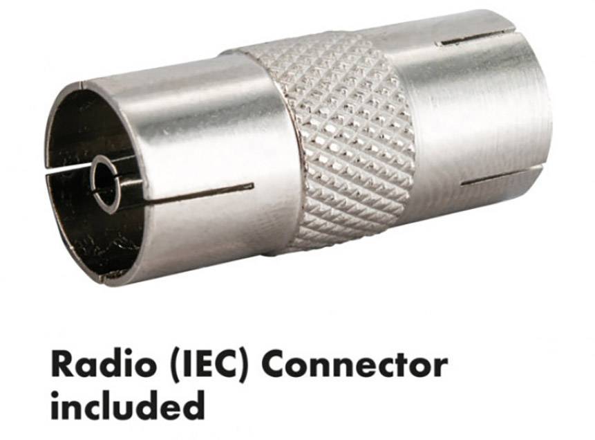 Rádiový (IEC) konektor součástí balení.' Kovový IEC rádio konektor je zobrazen, aby zdůraznil součást obsaženou v balení.