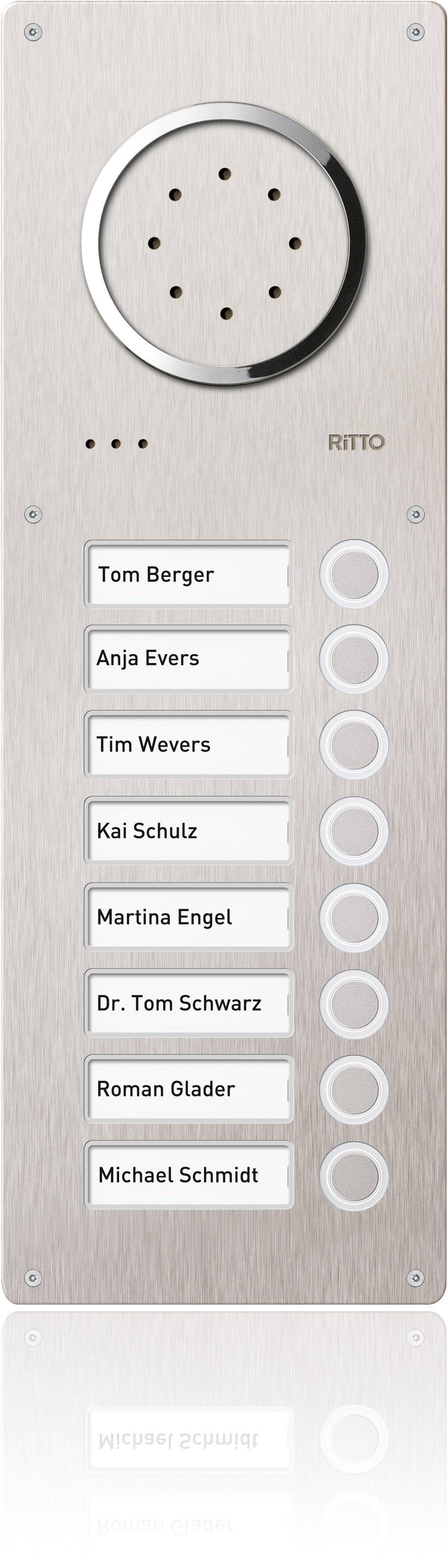Zvonková deska s osmi jmenovkami: Tom Berger, Anja Eversová, Tom Schwarz, Kai Schulz, Martina Engelová, Roman Glader, Michael Schmidt.