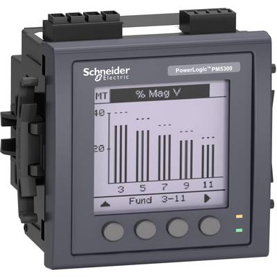 Digitální měřicí přístroj od Schneider Electric zobrazuje diagram s napětím v procentech. Na přední straně má ovládací tlačítka.
