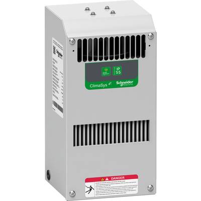 Chladicí systém pro průmyslové aplikace s větracími otvory a výstražným štítkem. Model 'ClimaSys' od Schneider Electric, stupeň krytí IP 55.
