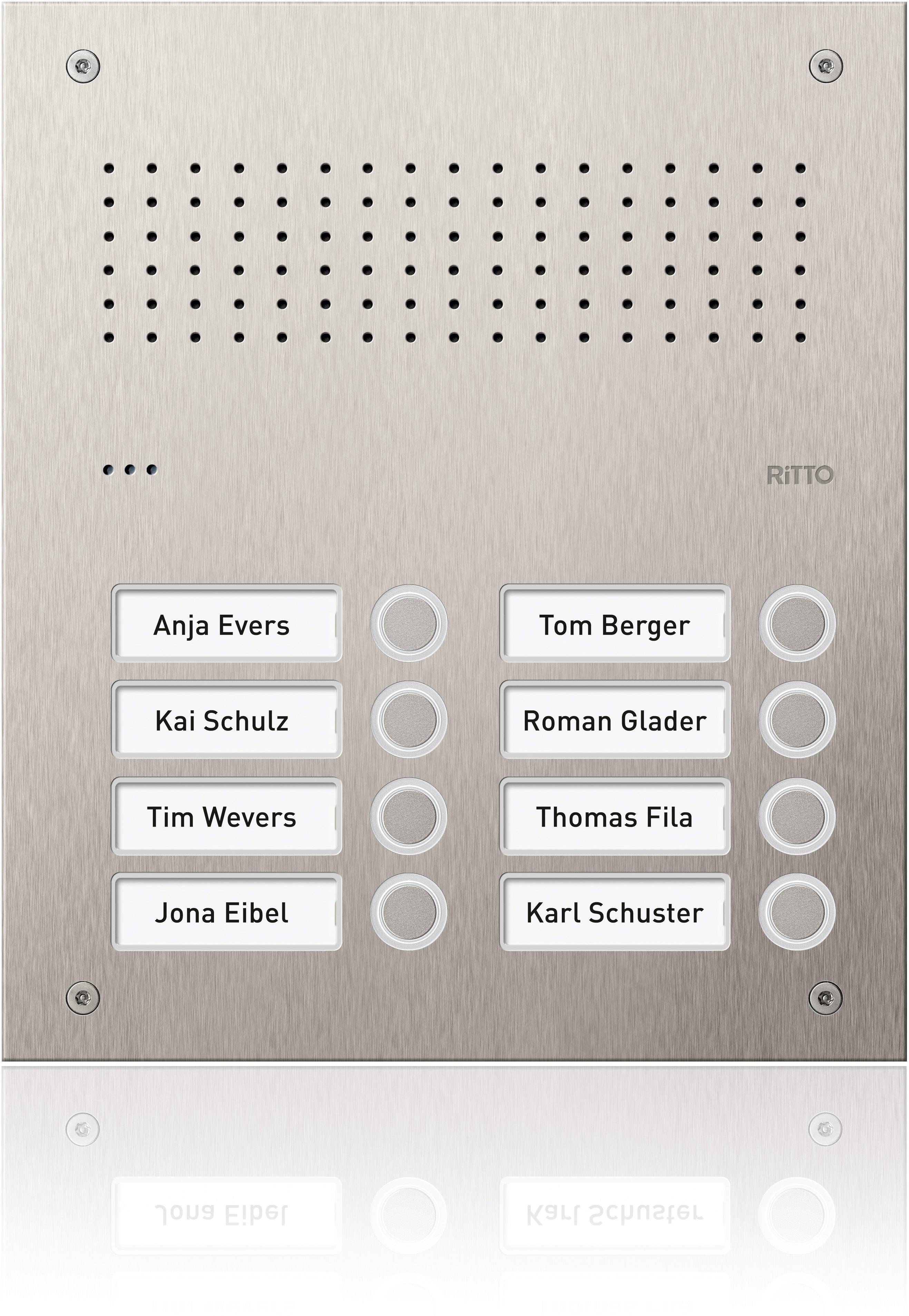 Domovní zvonkový systém s 8 jmenovkami: Anja Eversová, Kai Schulz, Tim Wevers, Jona Eibel, Tom Berger, Roman Glader, Thomas Fila, Karl Schuster.