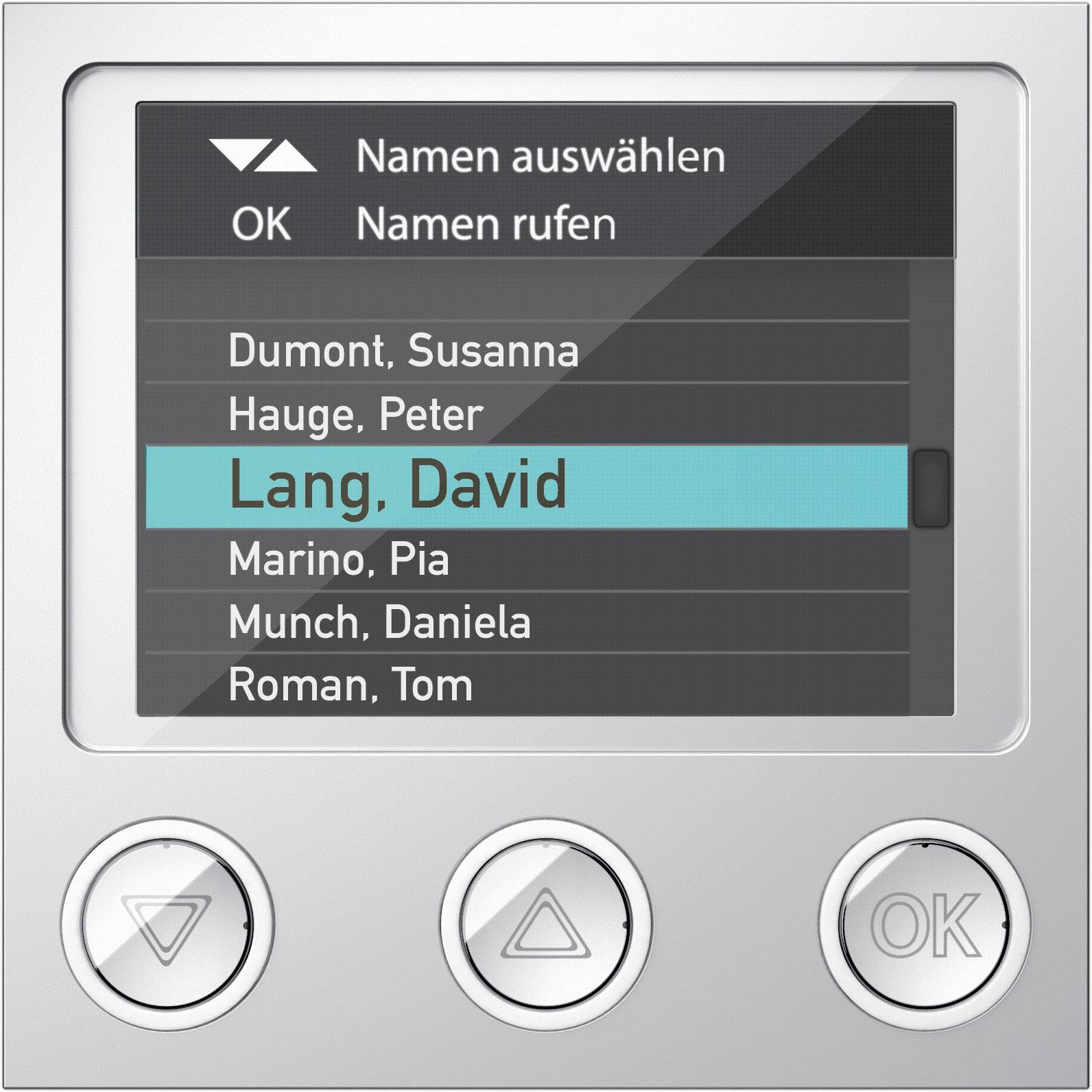 Obrazovka zobrazuje seznam kontaktů s vybraným záznamem 'Lang, David'. Pod seznamem se nacházejí navigační tlačítka.