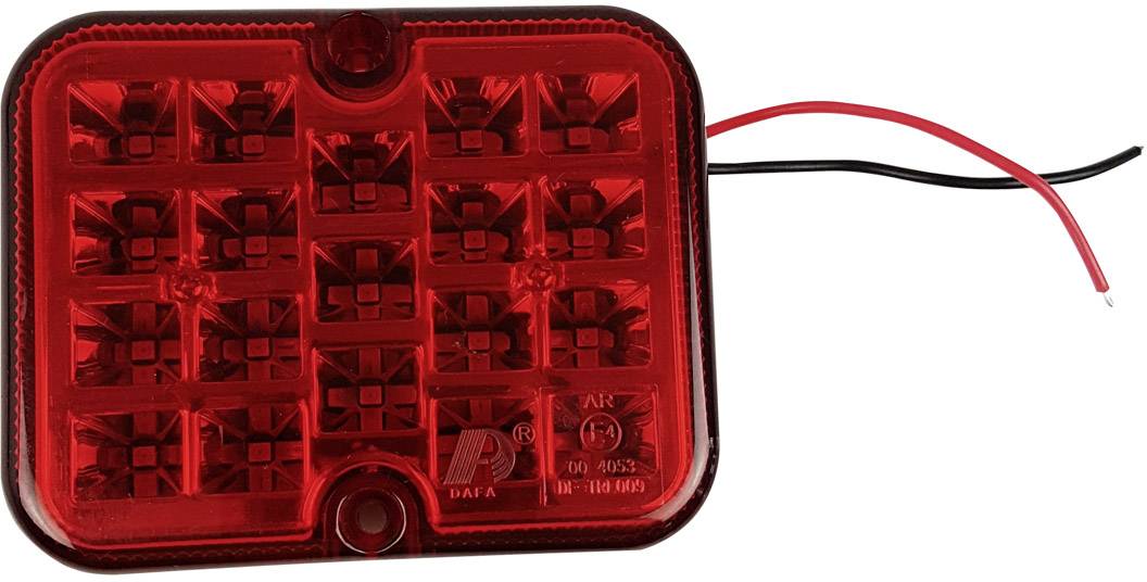 Červené, čtvercové zadní světlo se 16 svítícími LED segmenty, dva volné kabely na pravé straně.
