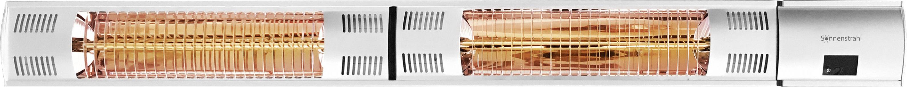 Elektrický topný zářič se dvěma oranžově svítícími topnými cívkami a větracími mřížkami po stranách.