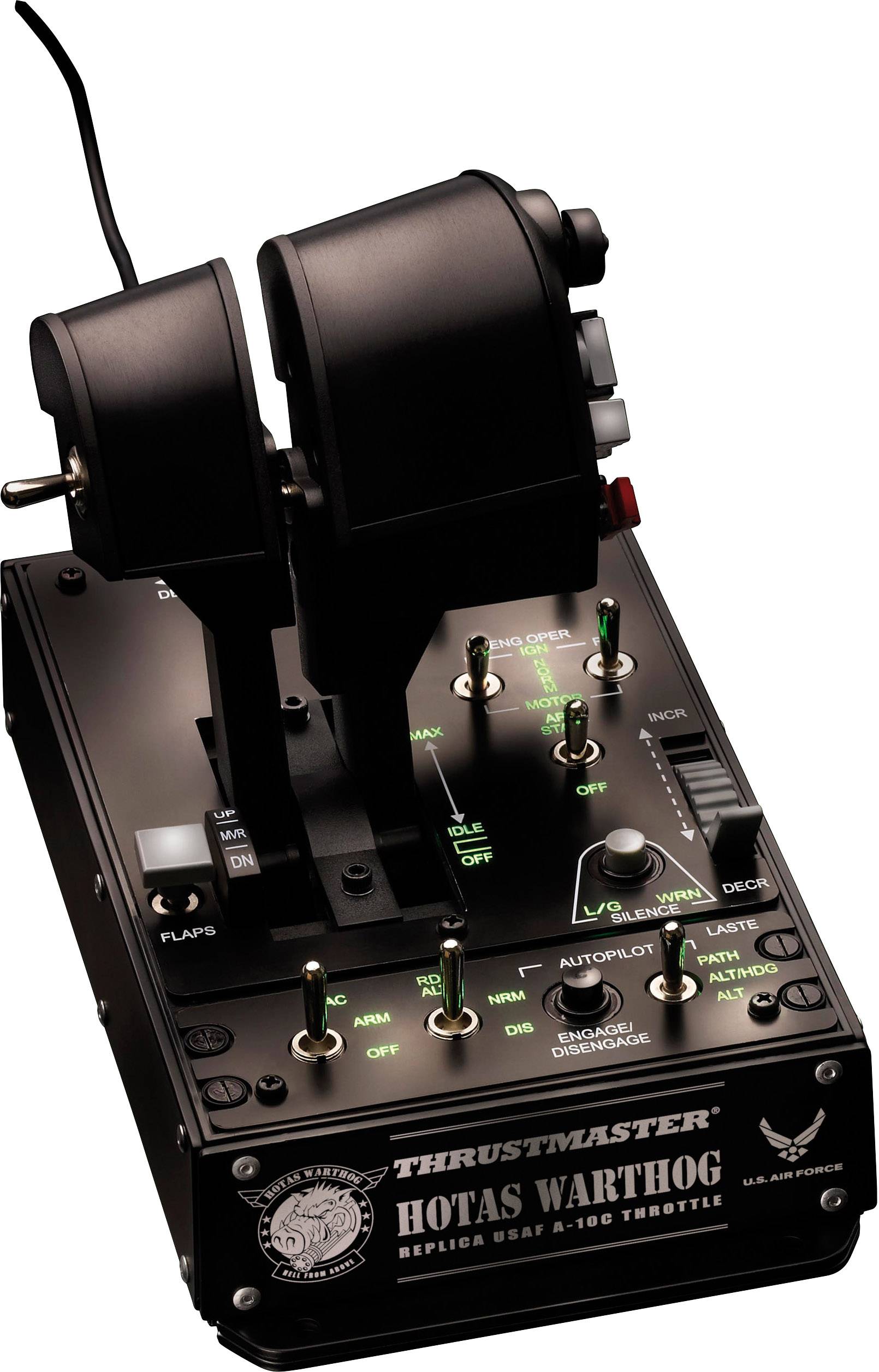 Joystick-konzole se dvěma pákami a několika spínači, označená jako „Thrustmaster HOTAS Warthog".